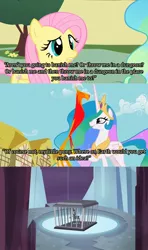 Size: 1279x2160 | Tagged: safe, derpibooru import, edit, edited screencap, screencap, fluttershy, lord tirek, philomena, princess celestia, alicorn, bird, centaur, pegasus, phoenix, pony, a bird in the hoof, twilight's kingdom, cage, comic, ethereal mane, female, male, mare, screencap comic, tartarus, tyrant celestia