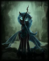 Size: 2898x3627 | Tagged: artist:shaadorian, changeling, changeling queen, derpibooru import, fangs, female, looking at you, queen chrysalis, safe, smiling, solo