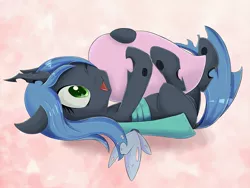 Size: 1280x960 | Tagged: artist:zokkili, cute, cutealis, derpibooru import, filly, happy, heart, hug, nymph, on back, open mouth, queen chrysalis, rubbing, safe, smiling, solo, wink, younger