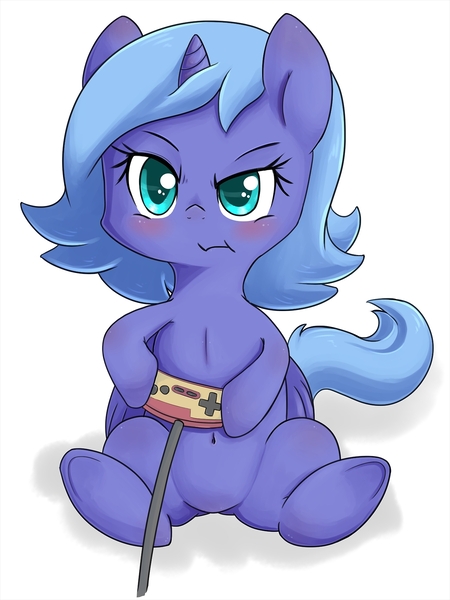 Size: 1280x1707 | Tagged: artist:zokkili, belly button, blushing, controller, cute, derpibooru import, famicom, family computer, filly, gamer luna, nintendo, nintendo entertainment system, princess luna, safe, solo, video game, woona