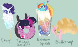 Size: 1280x768 | Tagged: artist:sugaryboogary, derpibooru import, drink, fluttershy, food, food pony, original species, pun, rainbow dash, rarity, safe, twilight sparkle