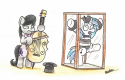 Size: 1834x1171 | Tagged: safe, artist:bobthedalek, derpibooru import, octavia melody, vinyl scratch, earth pony, pony, unicorn, backwards cutie mark, busking, cello, clothes, duo, female, glass case, hat, musical instrument, top hat