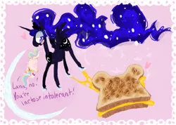 Size: 1061x756 | Tagged: artist:sugaryboogary, cheese, food, glorious grilled cheese, grilled cheese, princess celestia, princess luna, safe