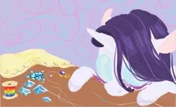 Size: 788x478 | Tagged: artist:sugaryboogary, cloth, derpibooru import, gem, messy mane, needle, rainbow thread, rarity, safe, solo, table, thread, working