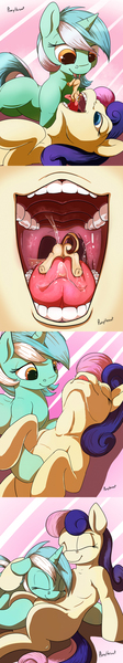 Size: 600x3204 | Tagged: questionable, artist:ponythroat, derpibooru import, bon bon, lyra heartstrings, sweetie drops, oc, oc:pan sizzle, earth pony, pony, unicorn, comic, drool, female, fetish, lesbian, lyrabon, micro, shipping, snuggling, soft vore, swallowing, throat bulge, tongue out, uvula, vore, willing vore