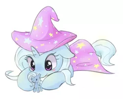 Size: 578x463 | Tagged: safe, artist:aymint, derpibooru import, trixie, pony, unicorn, blush sticker, blushing, cute, diatrixes, female, filly, floppy ears, mare, playing, plushie, prone, simple background, smiling, solo