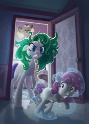 Size: 4000x5600 | Tagged: dead source, safe, artist:vombavr, derpibooru import, rarity, sweetie belle, pony, unicorn, angry, duo, fanfic art, female, green hair, green mane, hair dye, imminent spanking, magic, magic aura, nostril flare, rarity's bad mane day, siblings, sink, sisters, this will end in tears