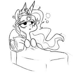 Size: 500x501 | Tagged: artist:nohooves, bed, blanket, derpibooru import, messy mane, monochrome, morning ponies, pillow, princess celestia, safe, sketch, sleep mask, sleepy, solo, tired