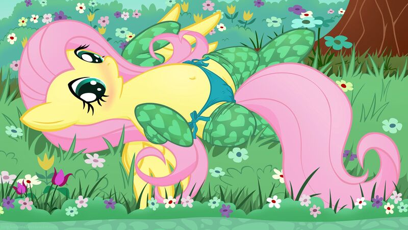 Size: 2500x1408 | Tagged: anatomically correct, artist:illuminatiums, artist:opeegenetalia, belly button, blushing, cameltoe, clothes, edit, female, fluttershy, /mlp/ genitaliations, nudity, on back, panties, questionable, show accurate, show accurate porn, side knot underwear, socks, solo, solo female, stockings, topless, underwear