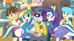 Size: 1280x720 | Tagged: safe, derpibooru import, screencap, microchips, rainbow dash, rarity, watermelody, wiz kid, equestria girls, background human, flirting, flirty, helping twilight win the crown, wondercolts