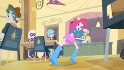 Size: 1280x720 | Tagged: safe, derpibooru import, screencap, bright idea, carla jr., granny smith, photo finish, pinkie pie, scott green, equestria girls, background human, balloon, boots, burger, chair, clothes, food, helping twilight win the crown, high heel boots, skirt, wondercolts