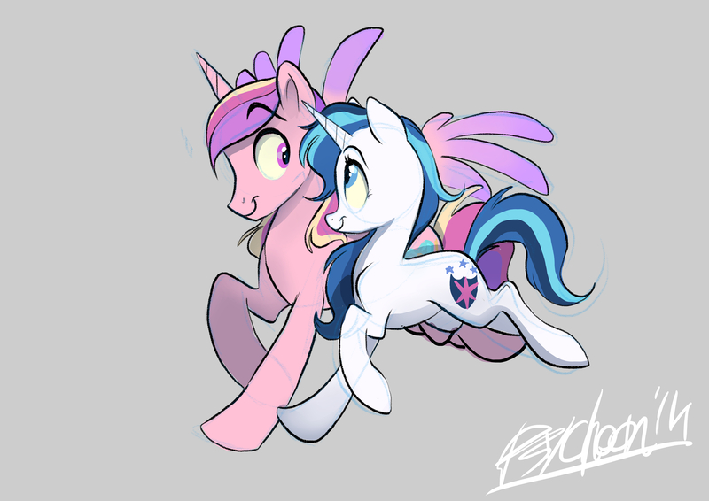 Size: 4093x2894 | Tagged: artist:psychoon, cute, cutedance, dead source, derpibooru import, eye contact, female, gleamibetes, gleaming bolero, gleaming shield, male, prince bolero, princess cadance, rule 63, rule63betes, running, safe, shining adorable, shining armor, shiningcadance, shipping, smiling, spread wings, straight, :t