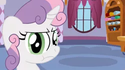 Size: 1280x720 | Tagged: safe, artist:broken-pen, derpibooru import, sweetie belle, floppy ears, frown, glare, looking at you, nose wrinkle, solo, :t, yours-yearly-sweetie-belle