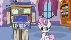 Size: 1280x720 | Tagged: safe, artist:broken-pen, derpibooru import, sweetie belle, box, cute, diasweetes, looking at you, sitting, smiling, solo, soundwave, transformers, yours-yearly-sweetie-belle
