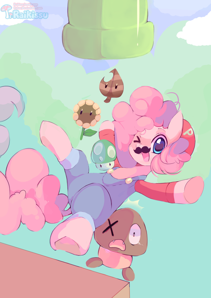 Size: 585x826 | Tagged: safe, artist:pekou, derpibooru import, pinkie pie, 1-up mushroom, clothes, cosplay, costume, crossover, cute, diapinkes, goomba, mario, mario pie, one eye closed, power-up, solo, super leaf, super mario bros., super mario bros. 3, warp pipe, wink