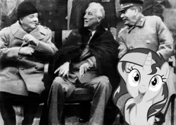 Size: 1280x908 | Tagged: safe, derpibooru import, sunset shimmer, pony, unicorn, black and white, churchill, fdr, grayscale, josef stalin, photo, silly, silly pony, sunset shimmer in the past, winston churchill, world war ii, yalta conference