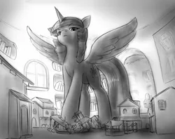 Size: 1144x907 | Tagged: safe, artist:alloyrabbit, derpibooru import, spike, twilight sparkle, twilight sparkle (alicorn), alicorn, pony, crushing, evil, female, giant pony, grayscale, hooves, library, macro, mare, mega twilight sparkle, model, monochrome