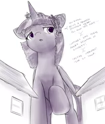 Size: 1175x1389 | Tagged: safe, artist:alloyrabbit, derpibooru import, twilight sparkle, twilight sparkle (alicorn), alicorn, pony, female, giant pony, giantess, macro, mare, monochrome, shoulder angel, shoulder devil, talking, temptation, tyrant sparkle