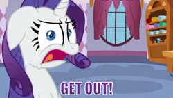 Size: 499x281 | Tagged: artist:broken-pen, derpibooru import, floppy ears, frown, get out, image macro, looking at you, meme, open mouth, purple text, rarity, reaction image, safe, solo, wide eyes, yours-yearly-sweetie-belle