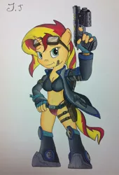 Size: 1280x1880 | Tagged: anthro, artist:jet-ann, belly button, boots, breasts, busty sunset shimmer, cleavage, clothes, derpibooru import, female, goggles, gun, handgun, holster, jacket, midriff, no trigger discipline, panties, pistol, safe, shoes, solo, sunset shimmer, thong, traditional art, underwear, weapon