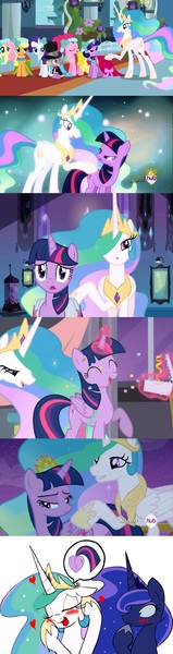 Size: 1000x3770 | Tagged: suggestive, artist:zev, derpibooru import, edit, edited screencap, screencap, princess celestia, princess luna, twilight sparkle, twilight sparkle (alicorn), alicorn, pony, :o, blushing, butt touch, comic, drool, eyes closed, female, floppy ears, heart, hoof on butt, hub logo, lesbian, mare, open mouth, out of context, purplebutt, screencap comic, shipping, smiling, twibutt, twilestia