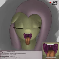 Size: 1503x1500 | Tagged: suggestive, artist:augustbebel, derpibooru import, fluttershy, chat, drool, flutterpred, implied vore, livestream, mawshot, solo, throat, tongue out, webcam