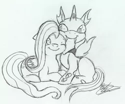 Size: 669x556 | Tagged: artist:tatta-kasame, changeling, cute, derpibooru import, floppy ears, fluttershy, lineart, monochrome, nuzzling, prone, safe, sitting, smiling, traditional art, wink