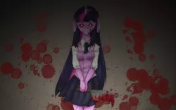 Size: 1280x800 | Tagged: anthro, artist:platinumpoinsetta, blood, breasts, derpibooru import, female, glowing eyes, grimdark, knife, long hair, solo, twilight sparkle