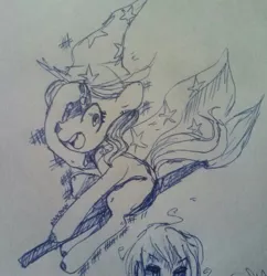 Size: 1241x1280 | Tagged: safe, artist:darkanutiy, derpibooru import, trixie, broom, flying, flying broomstick, monochrome, open mouth, sitting, solo focus, traditional art