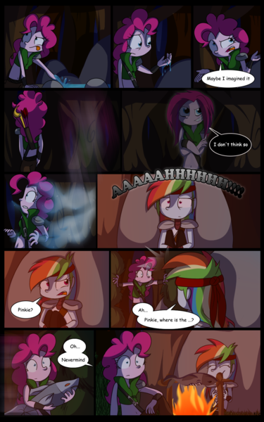 Size: 1024x1638 | Tagged: artist:fj-c, belly button, comic, dead, dialogue, eating, fantasy equestria, fire, fish, ghost, human, humanized, midriff, pinkie pie, pony coloring, rainbow dash, safe, wide eyes