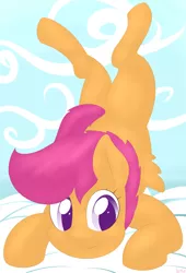 Size: 1360x2000 | Tagged: safe, artist:lamia, derpibooru import, scootaloo, cloud, cloudy, cute, cutealoo, legs in air, looking at you, sky, smiling, solo