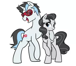 Size: 1500x1300 | Tagged: safe, artist:kianamai, derpibooru import, oc, oc:shutter shades, oc:silver strings, unofficial characters only, earth pony, pony, unicorn, kilalaverse, female, male, mare, next generation, offspring, parent:concerto, parent:neon lights, parent:octavia melody, parent:vinyl scratch, parents:vinylights, shutter shades, simple background, stallion, white background