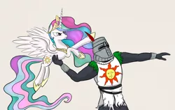 Size: 1024x646 | Tagged: safe, artist:buttfondler, derpibooru import, princess celestia, alicorn, pony, angry, crossover, cute, cutelestia, dark souls, duo, epic wife tossing, fastball special, female, frown, glare, holding a pony, mare, pointing, pose, praise the sun, serious, simple background, size difference, solaire of astora, spread wings, white background