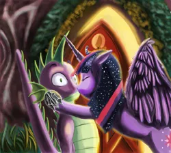 Size: 2797x2508 | Tagged: safe, artist:thejoker239, derpibooru import, spike, twilight sparkle, twilight sparkle (alicorn), alicorn, pony, female, golden oaks library, kissing, male, mare, older, shipping, straight, surprise kiss, surprised, tailboner, twispike