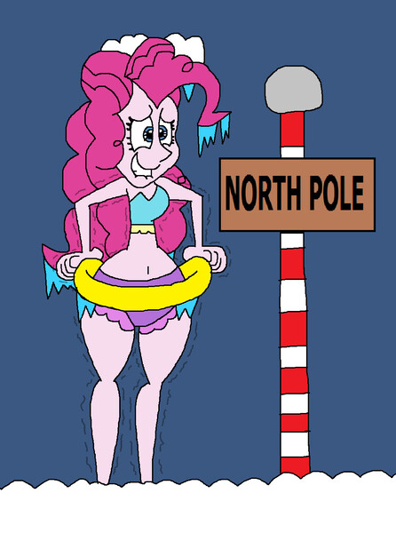 Size: 993x1337 | Tagged: safe, artist:hunterxcolleen, derpibooru import, pinkie pie, equestria girls, belly button, bikini, clothes, cold, freezing, freezing fetish, humanized, ice, icicle, inner tube, north pole, shivering, snow, solo, swimming pool, swimsuit