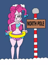 Size: 993x1337 | Tagged: safe, artist:hunterxcolleen, derpibooru import, pinkie pie, equestria girls, belly button, bikini, clothes, cold, freezing, freezing fetish, humanized, ice, icicle, inner tube, north pole, shivering, snow, solo, swimming pool, swimsuit