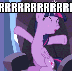 Size: 580x573 | Tagged: suggestive, artist:dtkraus, derpibooru import, edit, edited screencap, screencap, twilight sparkle, twilight sparkle (alicorn), alicorn, pony, equestria games (episode), animated, caption, cheering, equestria games, eyes closed, female, gif with captions, happy, image macro, impact font, implied anal, irrational exuberance, mare, meme, offscreen character, open mouth, right up the butt, sitting, smiling, solo, solo female, talking, talking to viewer, throne
