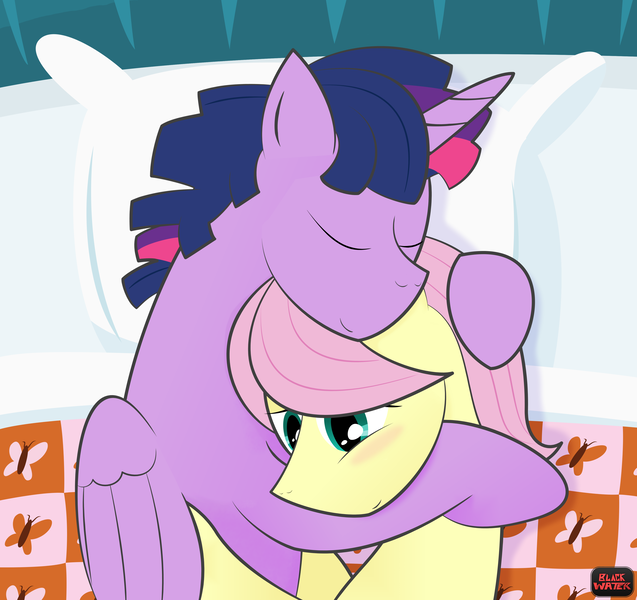 Size: 4000x3770 | Tagged: alicorn, artist:blackwater627, bed, butterscotch, buttershine, cuddling, derpibooru import, dusk shine, fluttershy, gay, male, prince dusk, rule 63, safe, shipping, snuggling, twilight sparkle, twilight sparkle (alicorn), twishy