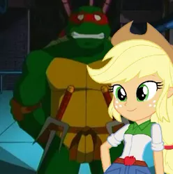 Size: 313x315 | Tagged: safe, derpibooru import, edit, applejack, equestria girls, crossover, crossover shipping, female, male, raphael, shipping, straight, teenage mutant ninja turtles, tmnt 2003 series