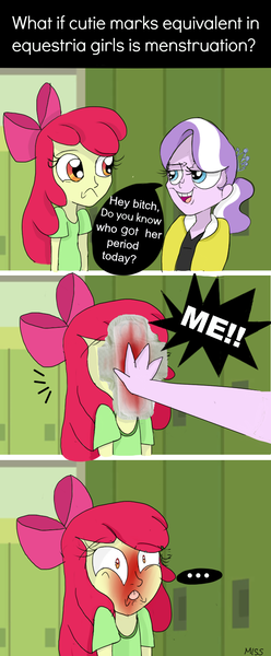 Size: 600x1450 | Tagged: questionable, artist:misspolycysticovary, derpibooru import, apple bloom, diamond tiara, equestria girls, ..., blood, comic, disgusting, ew, headcanon, humanized, menstrual blood, menstruation, sanitary pad, tongue out, vulgar