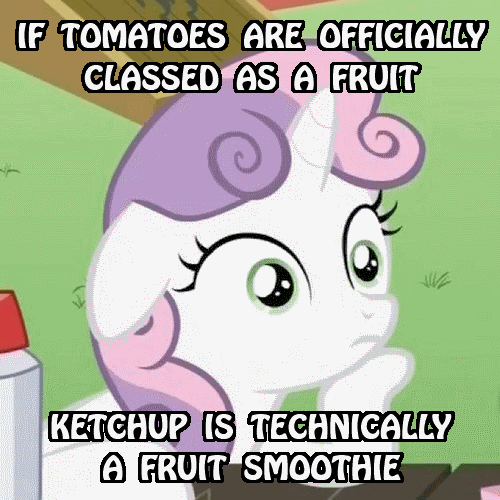 Size: 500x500 | Tagged: safe, derpibooru import, sweetie belle, exploitable meme, image macro, ketchup, meme, solo, sudden clarity sweetie belle, tomato
