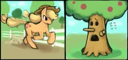 Size: 1087x514 | Tagged: safe, artist:lumineko, derpibooru import, applejack, earth pony, pony, apple tree, d:, female, frown, galloping, kirby, nintendo, open mouth, running, smiling, sweat, tree, whispy woods