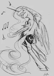 Size: 1280x1792 | Tagged: safe, artist:silfoe, derpibooru import, princess luna, lunadoodle, dancing, grayscale, monochrome, music notes, sketch, solo