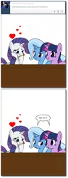 Size: 630x1646 | Tagged: safe, artist:dekomaru, derpibooru import, rarity, spike, trixie, twilight sparkle, tumblr:ask twixie, female, heart, honeymoon, implied sex, lesbian, male, scrunchy face, shipping, sparity, straight, tumblr, twixie