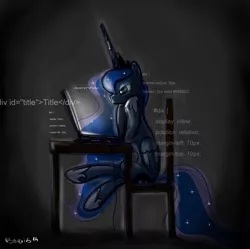 Size: 1612x1607 | Tagged: safe, artist:nadvgia, derpibooru import, princess luna, alicorn, pony, chair, codes, coding, computer, css, dark room, horn, html, laptop computer, mane, sitting, sleepy, solo, table, tail, wings