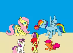 Size: 1051x759 | Tagged: apple bloom, artist:violetandblaire, beach, beach ball, blowing, derpibooru import, fluttershy, inflatable, inflating, rainblow dash, rainbow dash, safe, scootaloo, sweetie belle