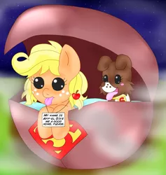 Size: 1485x1569 | Tagged: safe, artist:blackbewhite2k7, derpibooru import, applejack, winona, pony, app-el, baby, baby pony, babyjack, crossover, foal, krypto the superdog, letter, puppy, space pod, superman, supermare, younger