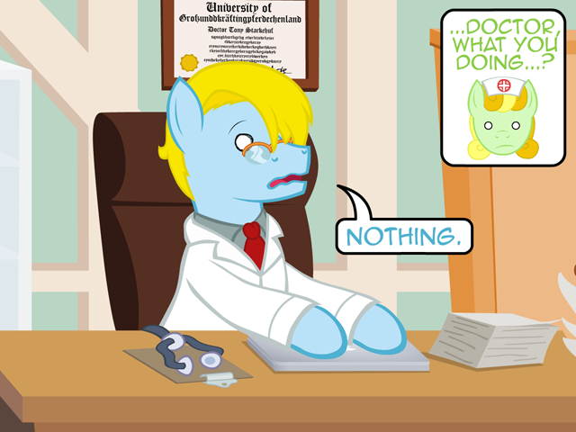 Size: 640x480 | Tagged: safe, artist:aha-mccoy, derpibooru import, oc, oc:nurse flankhurt, oc:tony starkehuf, unofficial characters only, earth pony, pony, blank eyes, clipboard, clothes, computer, diploma, doctor, glasses, implied porn, lab coat, laptop computer, male, office, offscreen character, speech bubble, stallion, stethoscope, wavy mouth