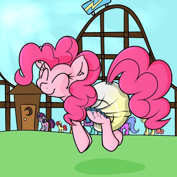 Size: 1280x1280 | Tagged: artist:skitter, diaper, diaper fetish, pinkie pie, poofy diaper, questionable, roller coaster, urine, wet diaper