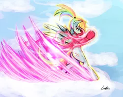 Size: 1854x1460 | Tagged: dead source, safe, artist:lumineko, derpibooru import, rainbow dash, pegasus, pony, action pose, alternate hairstyle, boxing gloves, champion, cloud, cloudy, dfo, dungeon fighter online, female, mare, ponytail, signature, sky, solo, video game crossover